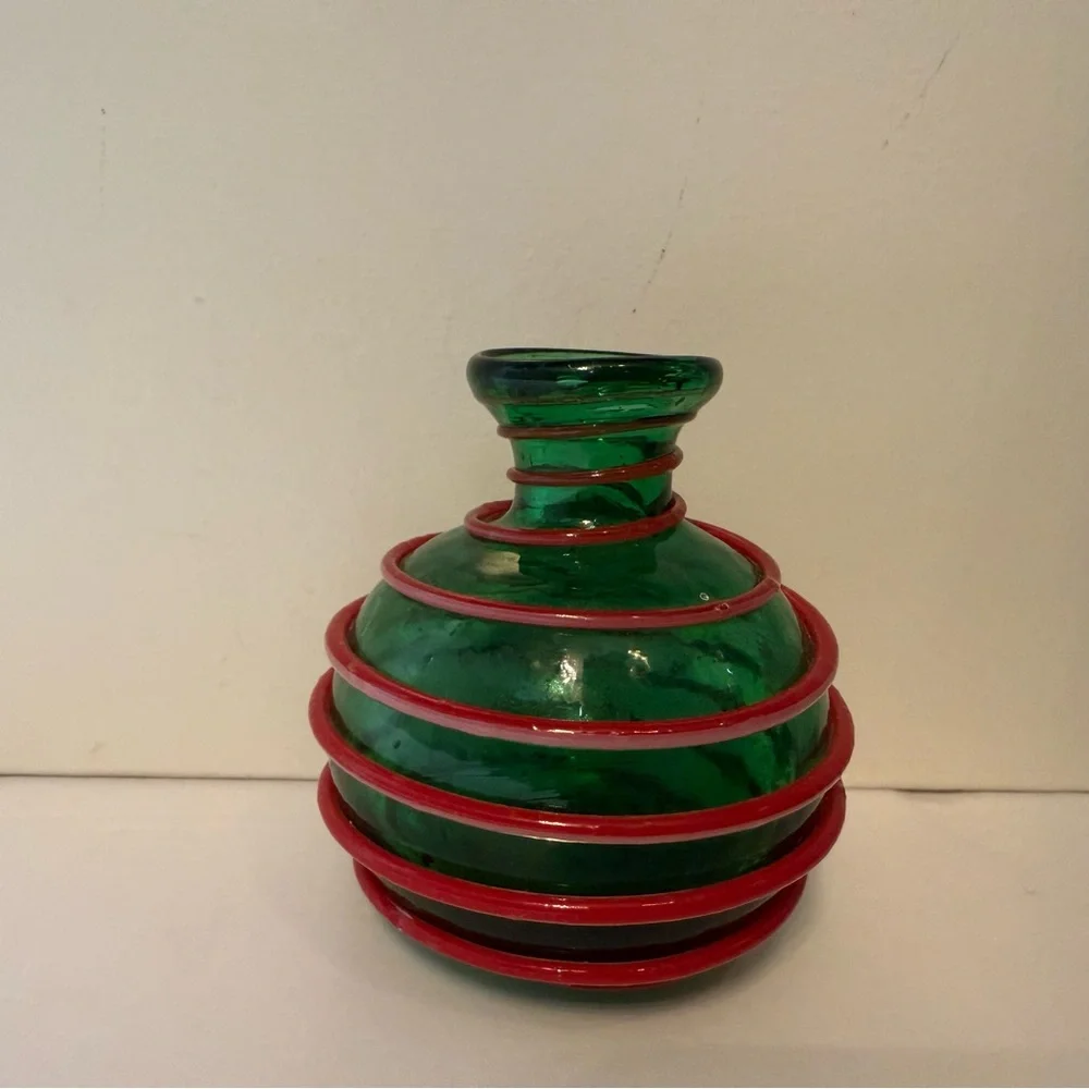 MURANO GLASS VASE HAND BLOWN GREEN RED COIL DESIGN VINTAGE MCM HOME DECOR 3”